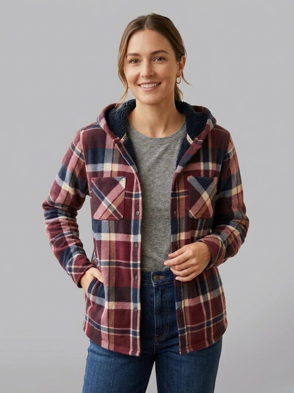 Realtree Fleece Sherpa Lined Plaid Hooded Shacket Jacket Burgundy Navy M